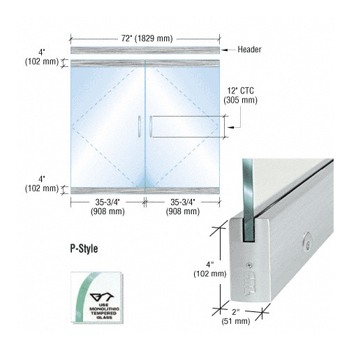 Dry Glazed Frameless Glass 6'-0" P-Style Brushed Stainless Double Door Complete Entrance Kit - with Lock