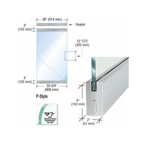 CRL P4BS12SE Dry Glazed Frameless Glass 3'-0" P-Style Brushed Stainless Single Door Complete Entrance Kit - without Lock