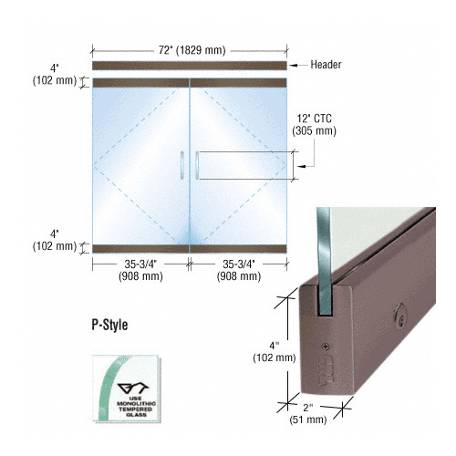 CRL P4DU12DEL Black Bronze Dry Glazed Frameless Glass 6'-0" P-Style Double Door Complete Entrance Kit - with Lock