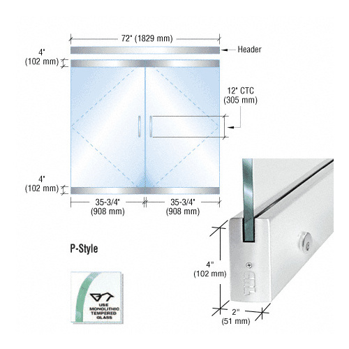 CRL P4PS12DEL Dry Glazed Frameless Glass 6'-0" P-Style Polished Stainless Double Door Complete Entrance Kit - with Lock