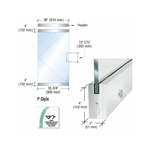 Dry Glazed Frameless Glass 3'-0" P-Style Polished Stainless Single Door Complete Entrance Kit - with Lock