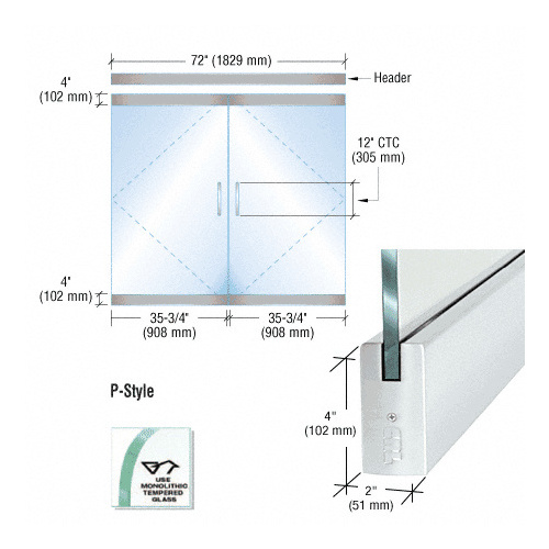 CRL P4SA12DE Dry Glazed Frameless Glass 6'-0" P-Style Satin Anodized Double Door Complete Entrance Kit - without Lock