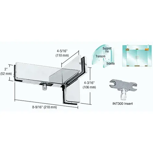 Polished Stainless Left Hand Sidelite Transom Patch with Support Fin Bracket and 1NT300 Insert