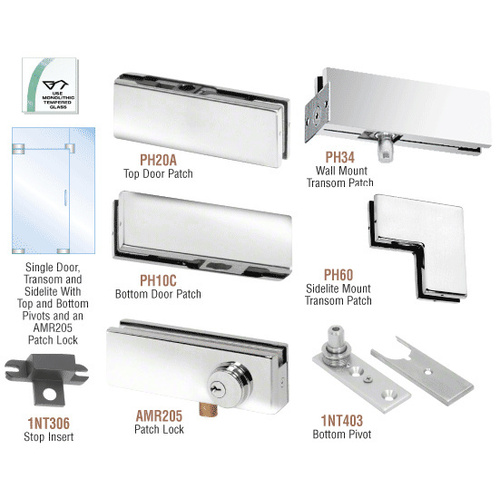 Polished Stainless North American Patch Door Kit for Use With Fixed Transom and One Sidelite - Without Lock