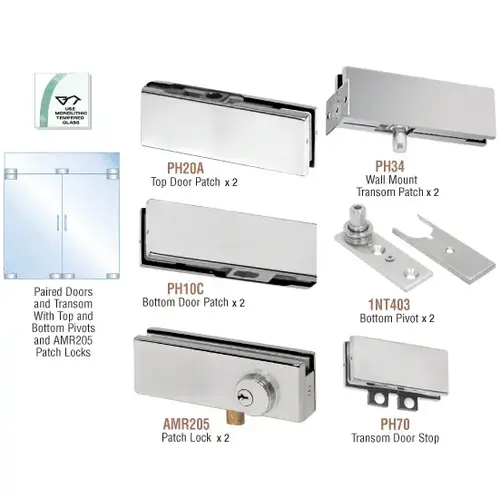 Brushed Stainless North American Patch Door Kit for Double Doors for Use with Fixed Transom - With Lock