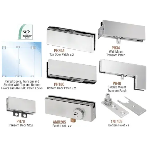 Brushed Stainless North American Patch Door Kit for Double Doors for Use with Fixed Transom and One Sidelite - With Lock