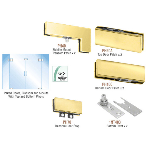 Polished Brass North American Patch Door Kit for Double Doors for Use with Fixed Transom and Two Sidelites - Without Lock