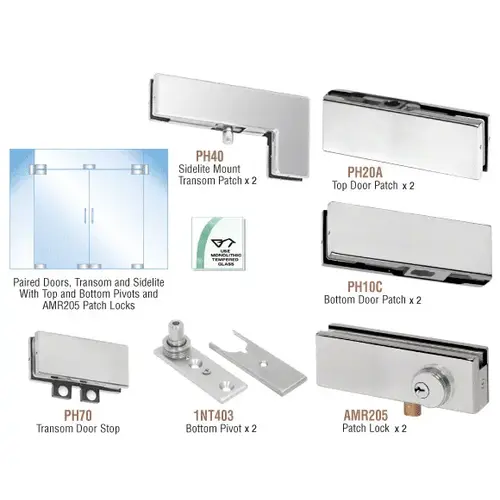 Brushed Stainless North American Patch Door Kit for Double Doors for Use with Fixed Transom and Two Sidelites - With Lock