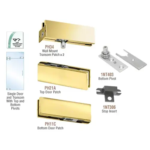 Polished Brass European Patch Door Kit for Use with Fixed Transom - Without Lock