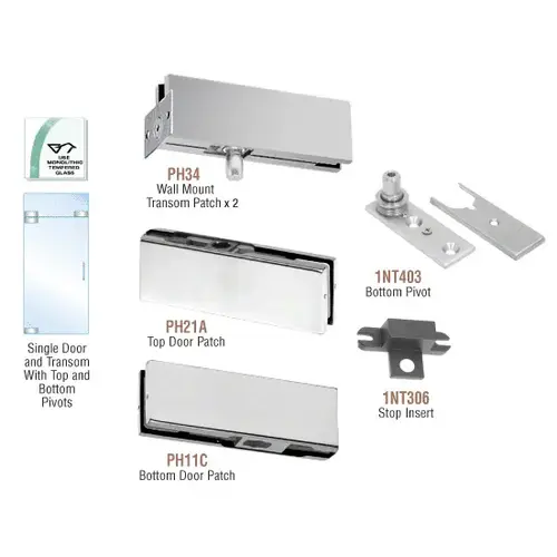 Brushed Stainless European Patch Door Kit for Use with Fixed Transom - Without Lock