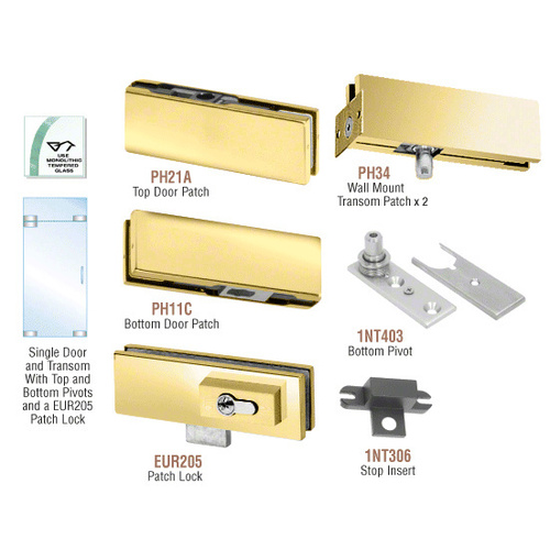 Polished Brass European Patch Door Kit for Use with Fixed Transom - With Lock