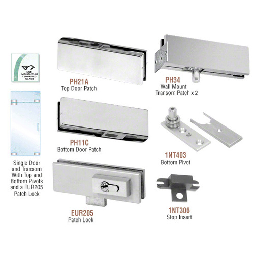 Brushed Stainless European Patch Door Kit for Use with Fixed Transom - With Lock