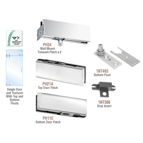 Polished Stainless European Patch Door Kit for Use with Fixed Transom - Without Lock