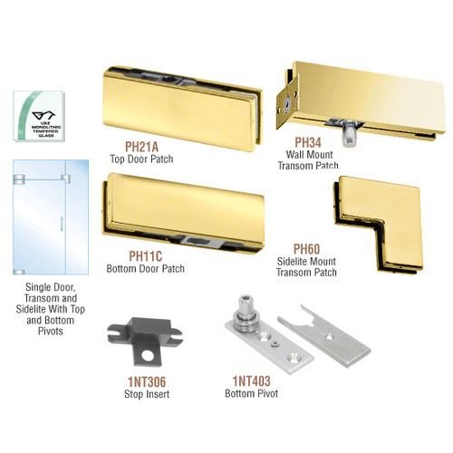 Polished Brass European Patch Door Kit for Use with Fixed Transom and One Sidelite - Without Lock