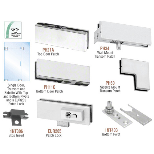 Satin Anodized European Patch Door Kit for Use with Fixed Transom and One Sidelite - With Lock