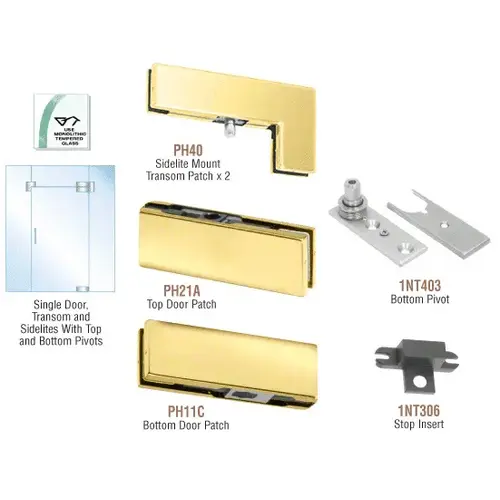 Polished Brass European Patch Door Kit for Use with Fixed Transom and Two Sidelites - Without Lock