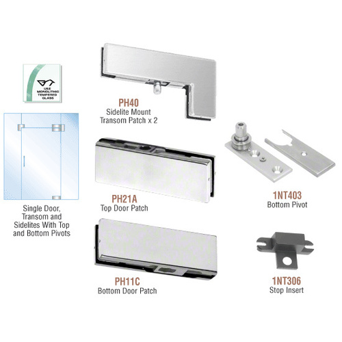 Brushed Stainless European Patch Door Kit for Use with Fixed Transom and Two Sidelites - Without Lock