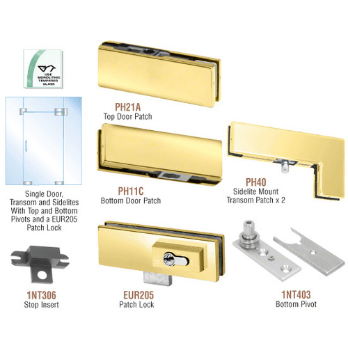 Polished Brass European Patch Door Kit for Use with Fixed Transom and Two Sidelites - With Lock