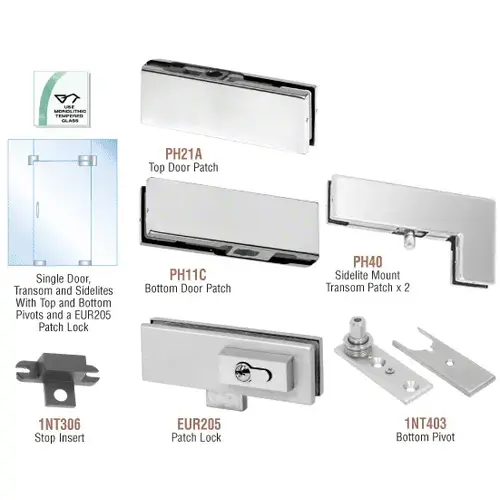 Brushed Stainless European Patch Door Kit for Use with Fixed Transom and Two Sidelites - With Lock