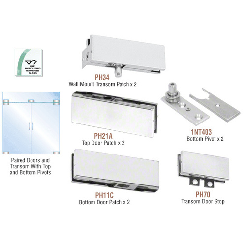 Satin Anodized European Patch Door Kit for Double Doors for Use with Fixed Transom - Without Lock