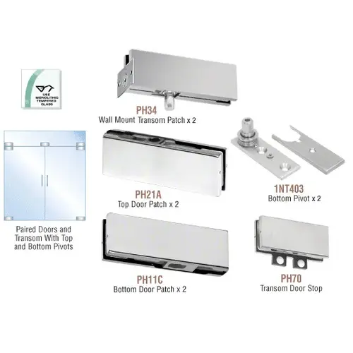 Brushed Stainless European Patch Door Kit for Double Doors for Use with Fixed Transom - Without Lock