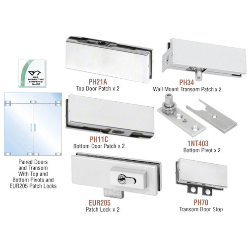 Satin Anodized European Patch Door Kit for Double Doors for Use with Fixed Transom - With Lock