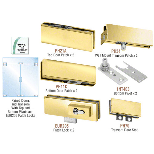 Polished Brass European Patch Door Kit for Double Doors for Use with Fixed Transom - With Lock