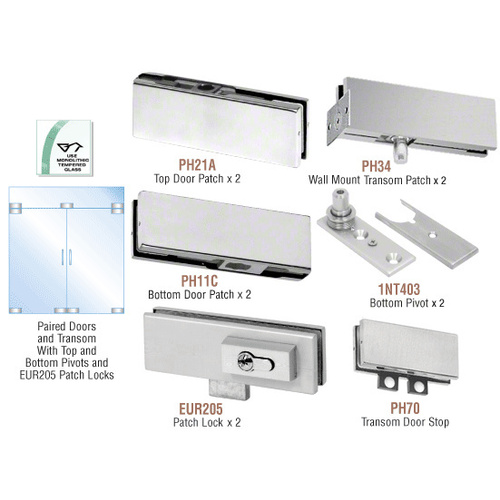 Brushed Stainless European Patch Door Kit for Double Doors for Use with Fixed Transom - With Lock