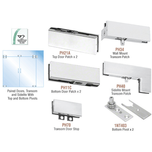 Satin Anodized European Patch Door Kit for Double Doors for Use with Fixed Transom and One Sidelite - Without Lock