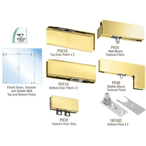 Polished Brass European Patch Door Kit for Double Doors for Use with Fixed Transom and One Sidelite - Without Lock