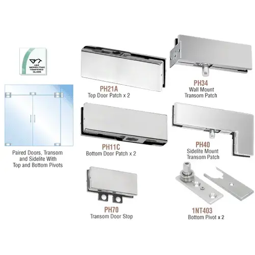 Brushed Stainless European Patch Door Kit for Double Doors for Use with Fixed Transom and One Sidelite - Without Lock