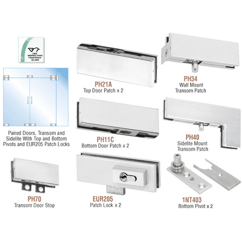 Satin Anodized European Patch Door Kit for Double Doors for Use with Fixed Transom and One Sidelite - With Lock