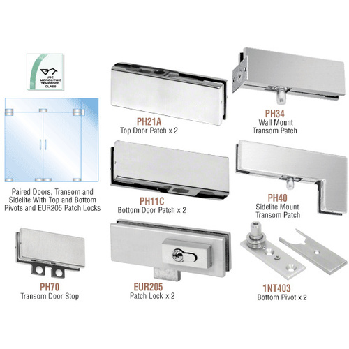 Brushed Stainless European Patch Door Kit for Double Doors for Use with Fixed Transom and One Sidelite - With Lock