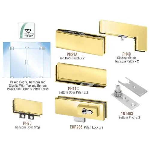 Polished Brass European Patch Door Kit for Double Doors for Use with Fixed Transom and Two Sidelites - With Lock