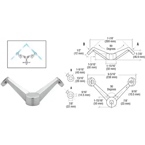 Brushed Stainless Heavy Duty 90 Degree 2V Arm Column Mount Spider Fitting