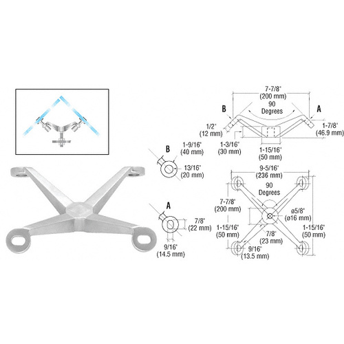 Brushed Stainless Heavy Duty 90 Degree 4-Way Column Mount Spider