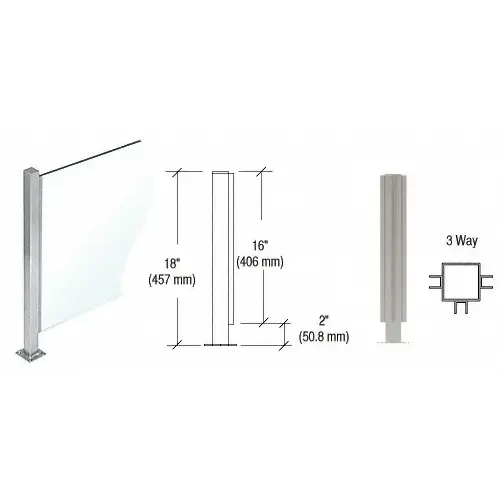 Brushed Stainless 18" High 1" Square PP47 Mini Plaza Series Partition 3-Way Post with U-Channel