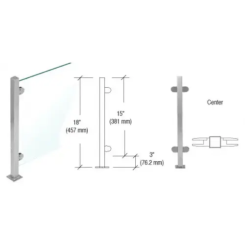 Brushed Stainless 18" High 1" Square PP48 Mini Plaza Series Partition Center Post With Mini Z-Clamps