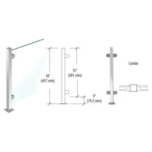 Polished Stainless 18" High 1" Square PP48 Mini Plaza Series Partition Center Post with Mini Z-Clamps