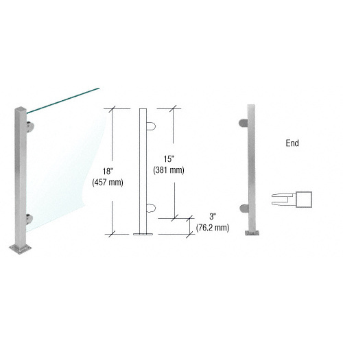 Brushed Stainless 18" High 1" Square PP48 Mini Plaza Series Partition End Post With Mini Z-Clamps