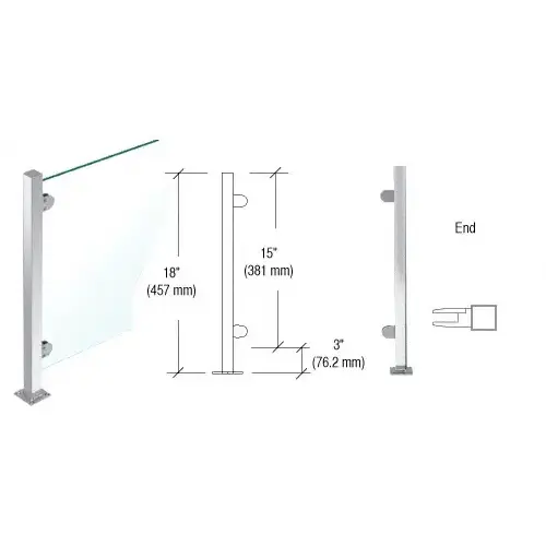 Polished Stainless 18" High 1" Square PP48 Mini Plaza Series Partition End Post with Mini Z-Clamps