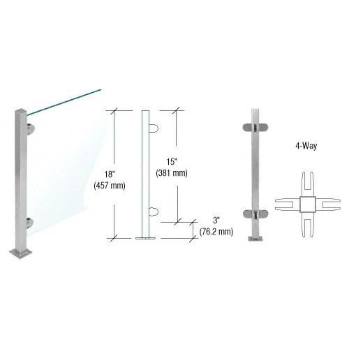 Brushed Stainless 18" High 1" Square PP48 Mini Plaza Series Partition 4-Way Post With Mini Z-Clamps