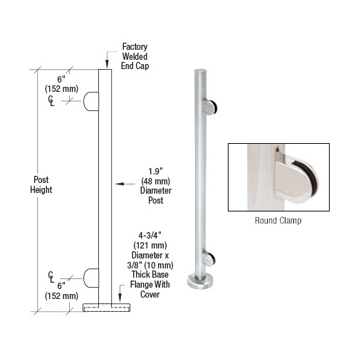 Polished Stainless 42" Steel Round Glass Clamp End Post Railing Kit