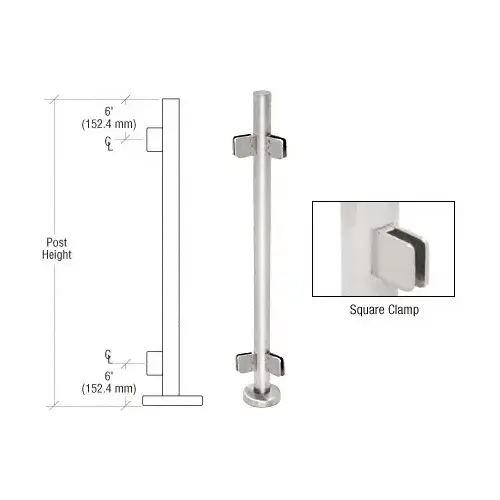 Polished Stainless 36" Steel Square Glass Clamp 135 Degree Center Post Railing Kit