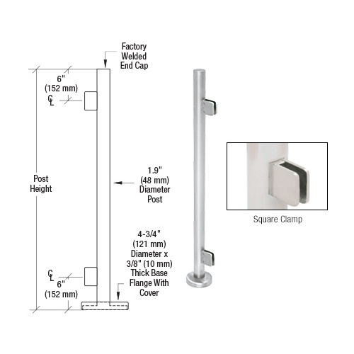 CRL PS36EPS Polished Stainless Steel Round 36" Tall End Post Kit With Square Clamps