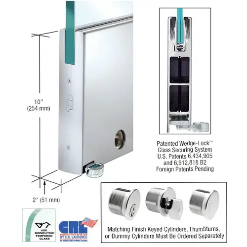 Polished Stainless 10" Square Single Door Rail With Lock for 1/2" Glass - Custom Length