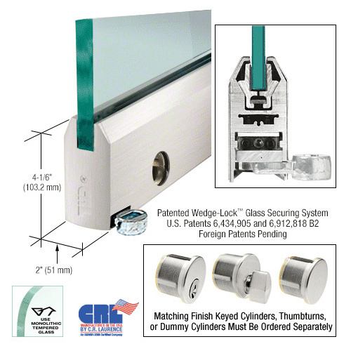 Brushed Stainless 4" Custom Length Tapered Style Door Rail with Lock for 1/2" Glass