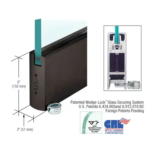 Black Bronze Anodized 6" Custom Length Square Style Door Rail without Lock for 1/2" Glass