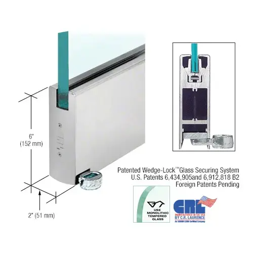 Satin Anodized 6" Custom Length Square Style Door Rail without Lock for 1/2" Glass
