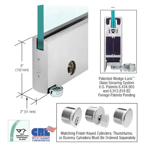 Satin Anodized 6" Custom Length Square Style Door Rail with Lock for 1/2" Glass